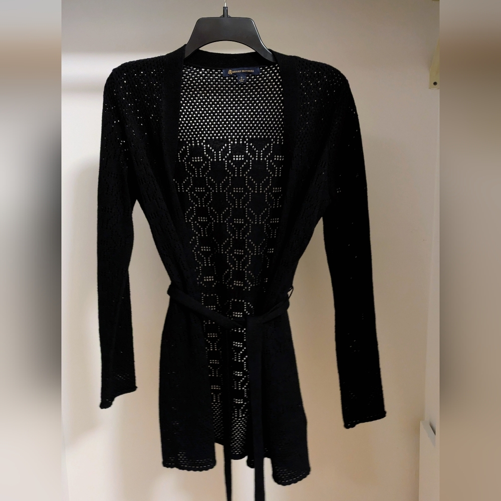 Brooks Brothers black open-front pointelle cardigan with belt size small